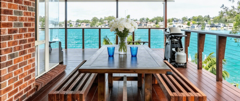 Outdoor waterfront dining area on a wooden deck with a table, benches, a vase of white flowers, two blue cups, and a grill, overlooking blue water.