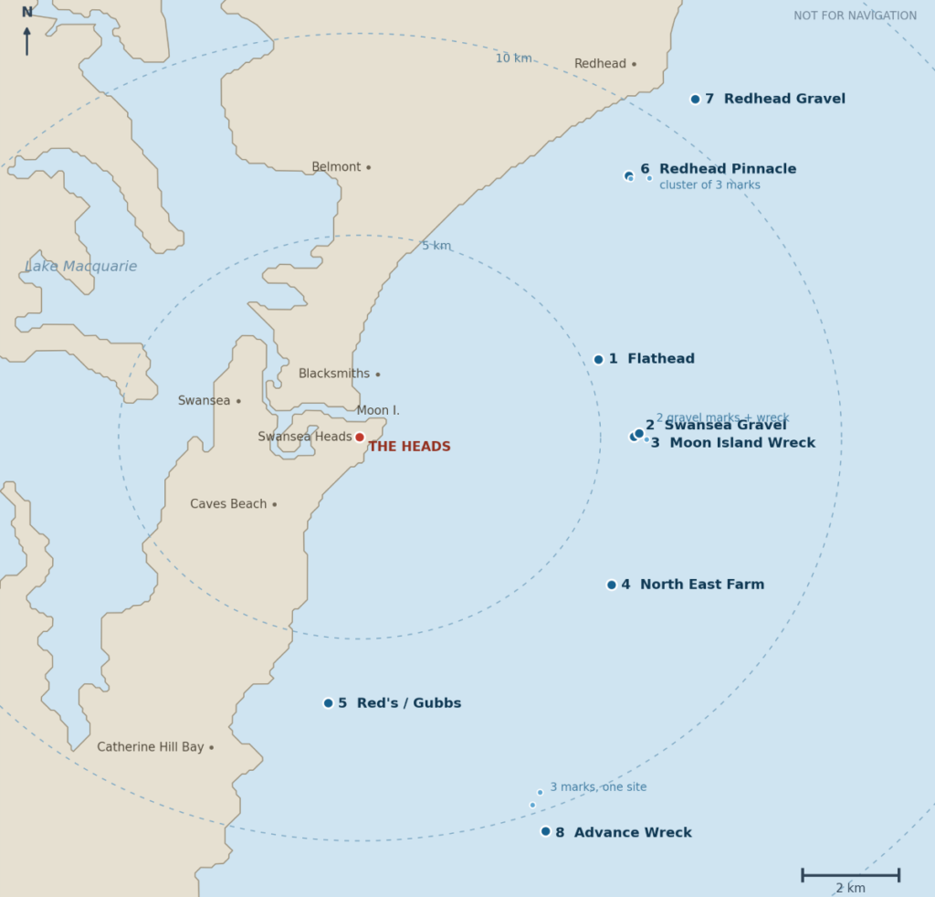 swansea-marks-map - Lake Macquarie Holiday Rentals Fishing Marks Swansea Offshore